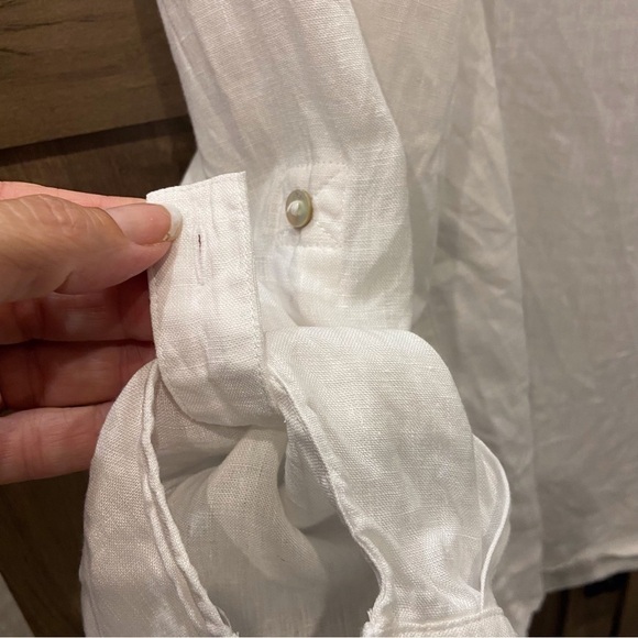 Sigrid Olsen XL Linen Half Button down Pullover Top Shirt Roll Tab sleeves White - Picture 8 of 11